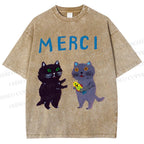 Unisex Merci Cat Printed Washed Tee
