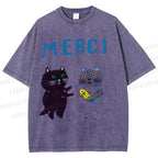Unisex Merci Cat Printed Washed Tee