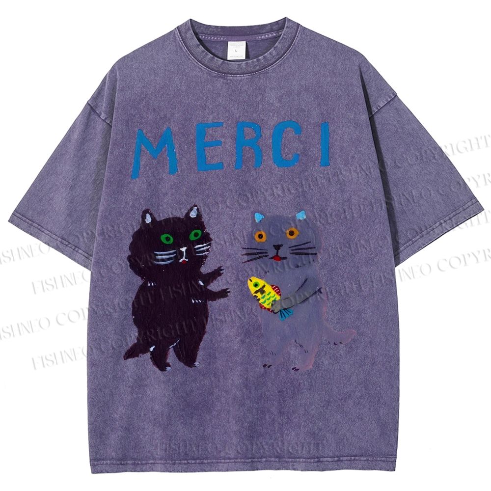 Unisex Merci Cat Printed Washed Tee