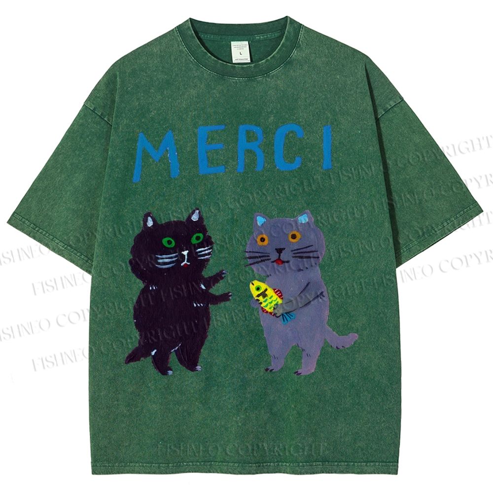 Unisex Merci Cat Printed Washed Tee