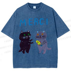Unisex Merci Cat Printed Washed Tee