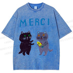 Unisex Merci Cat Printed Washed Tee