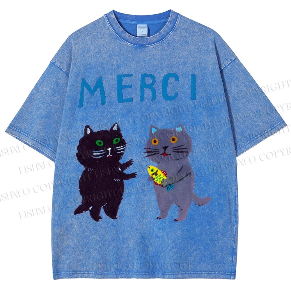 Unisex Merci Cat Printed Washed Tee