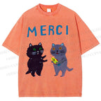 Unisex Merci Cat Printed Washed Tee