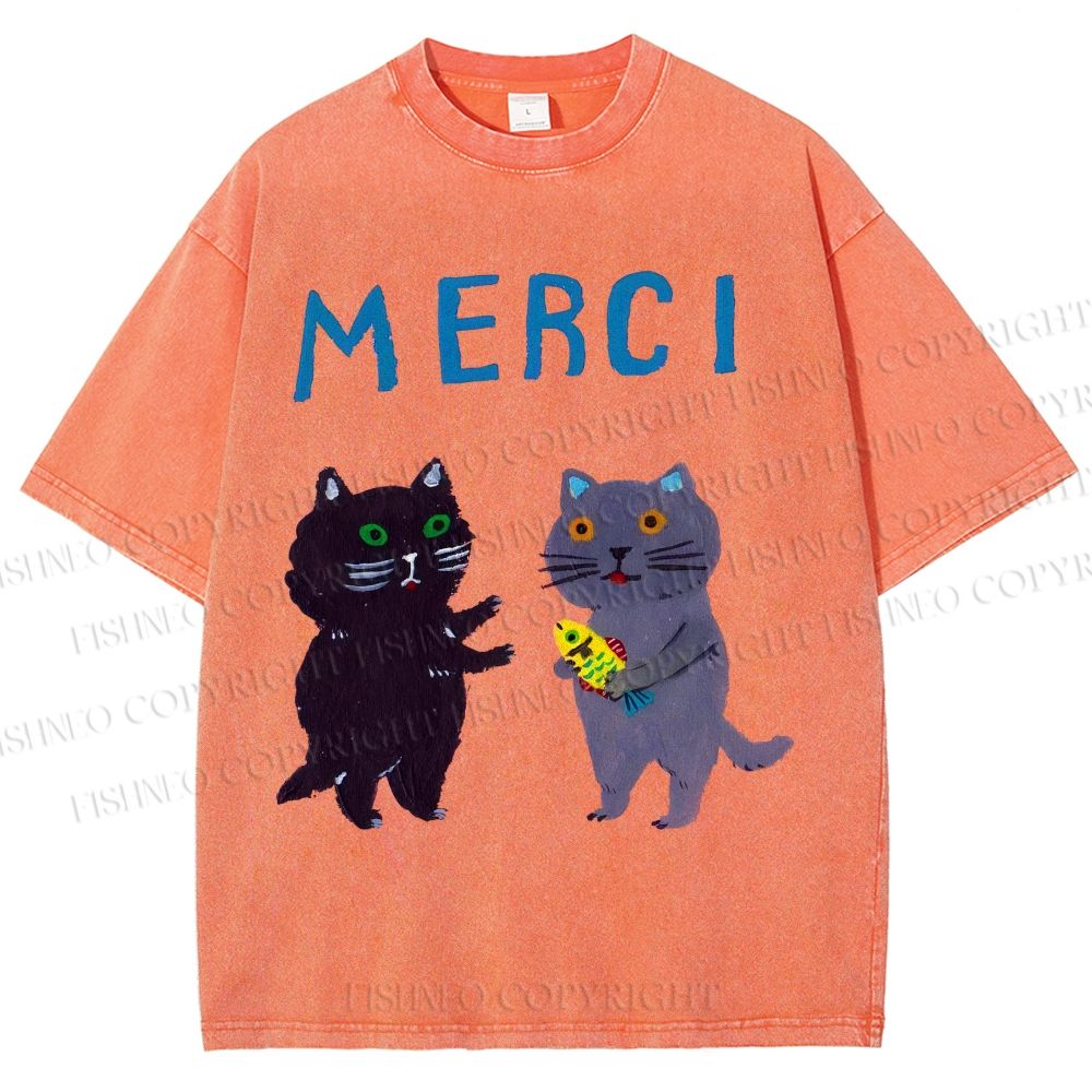 Unisex Merci Cat Printed Washed Tee