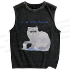 Unisex Cat Printed Washed Tank Top
