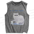 Unisex Cat Printed Washed Tank Top