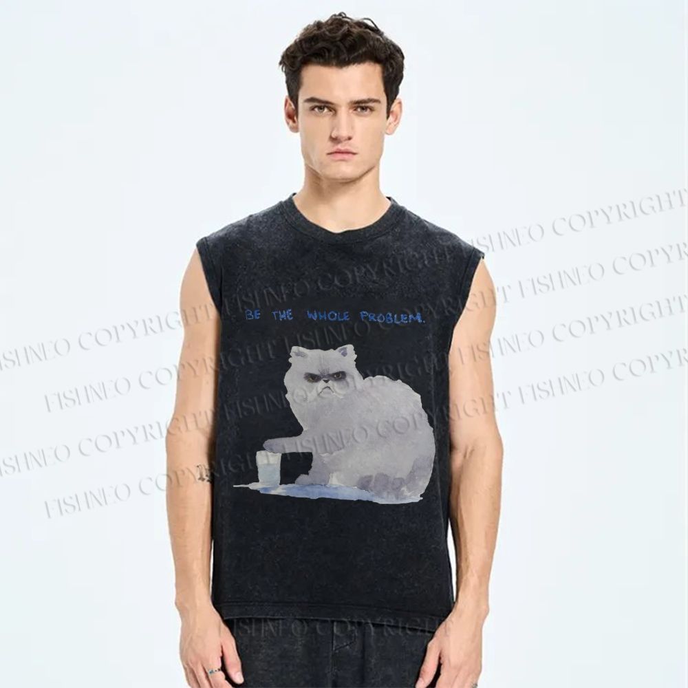 Unisex Cat Printed Washed Tank Top