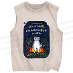 Unisex Cat Printed Washed Tank Top