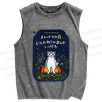 Unisex Cat Printed Washed Tank Top
