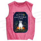 Unisex Cat Printed Washed Tank Top