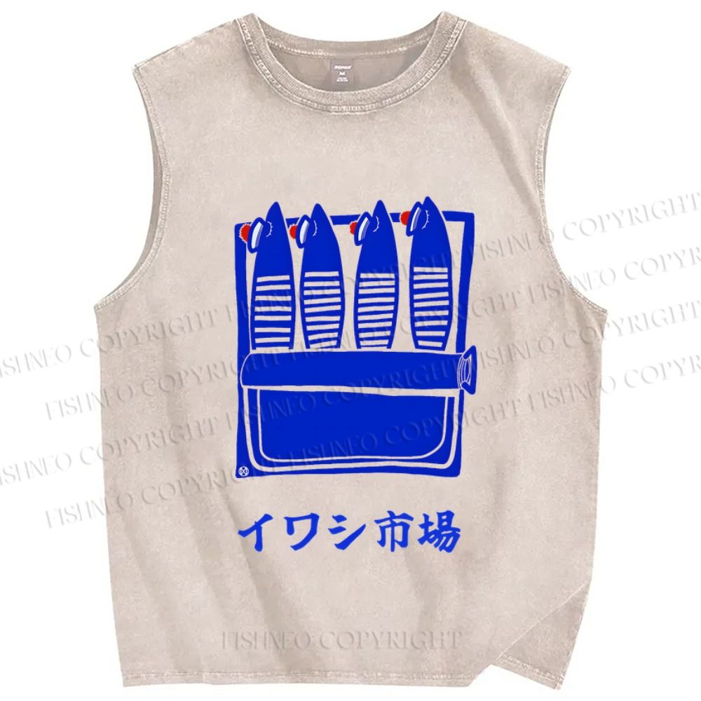 Unisex Sardines Printed Washed Tank Top