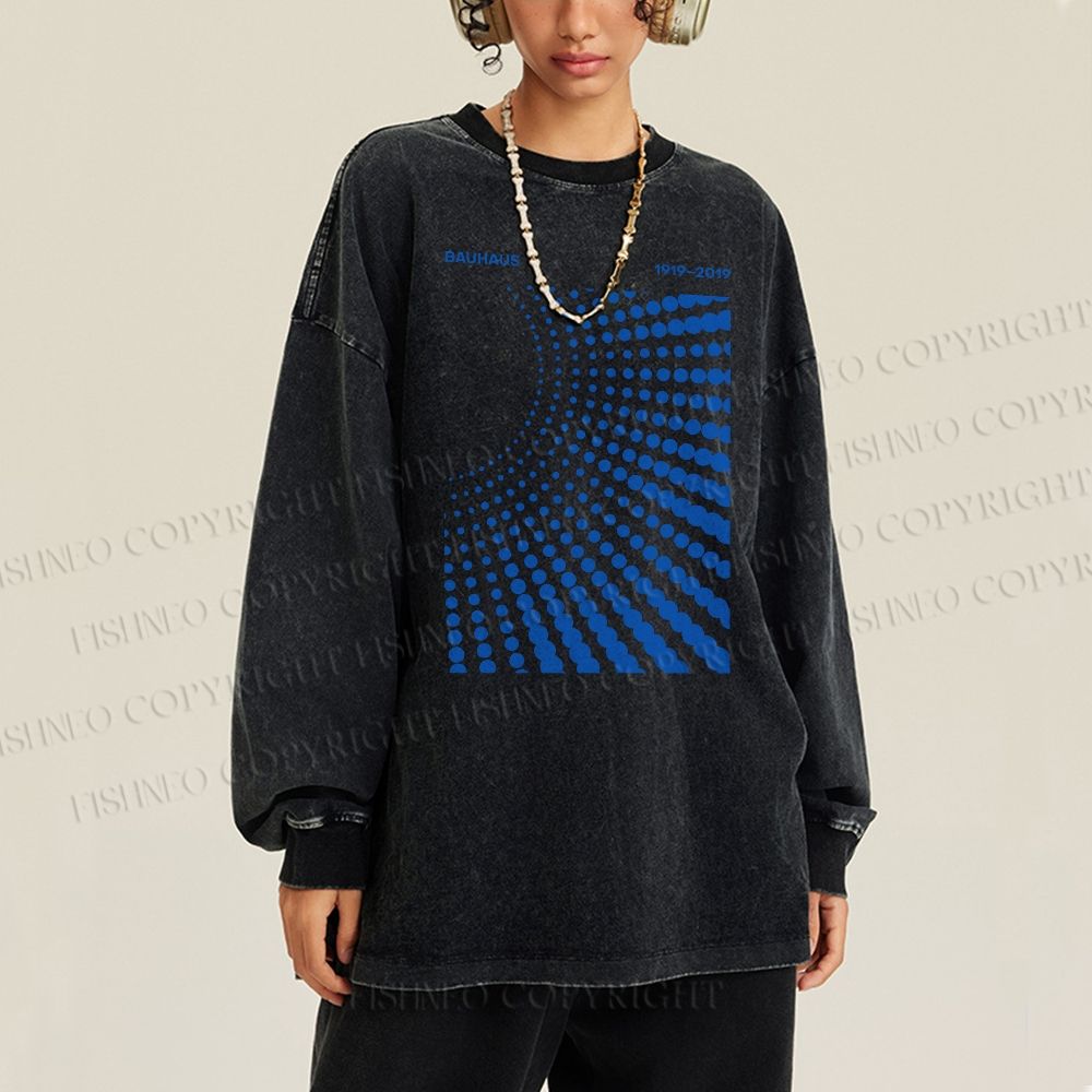 Unisex Casual Washed Bauhaus Design Printed Long Sleeve T-shirt