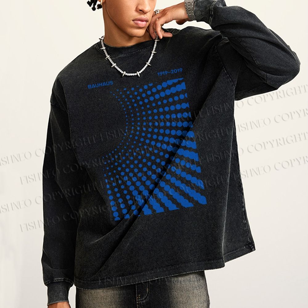 Unisex Casual Washed Bauhaus Design Printed Long Sleeve T-shirt
