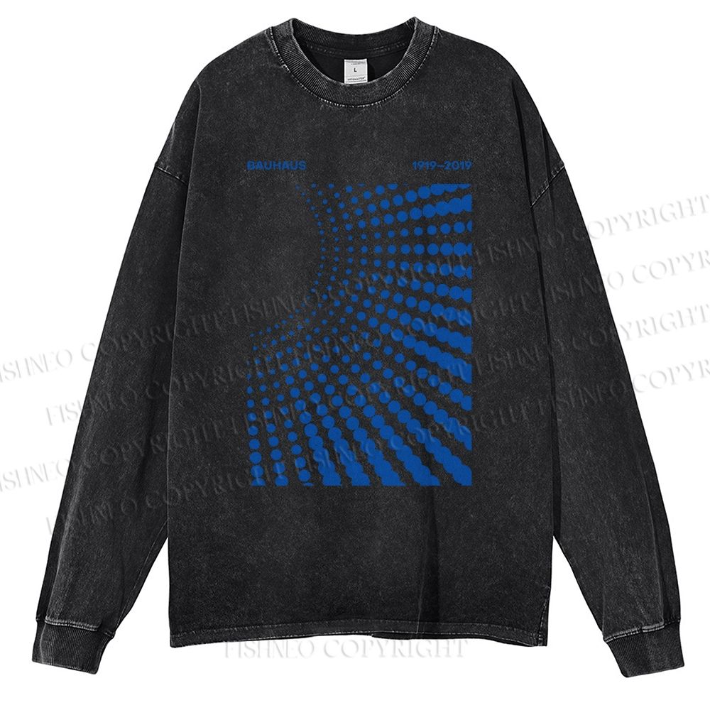 Unisex Casual Washed Bauhaus Design Printed Long Sleeve T-shirt