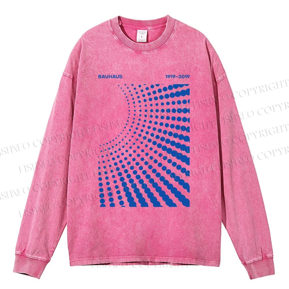Unisex Casual Washed Bauhaus Design Printed Long Sleeve T-shirt