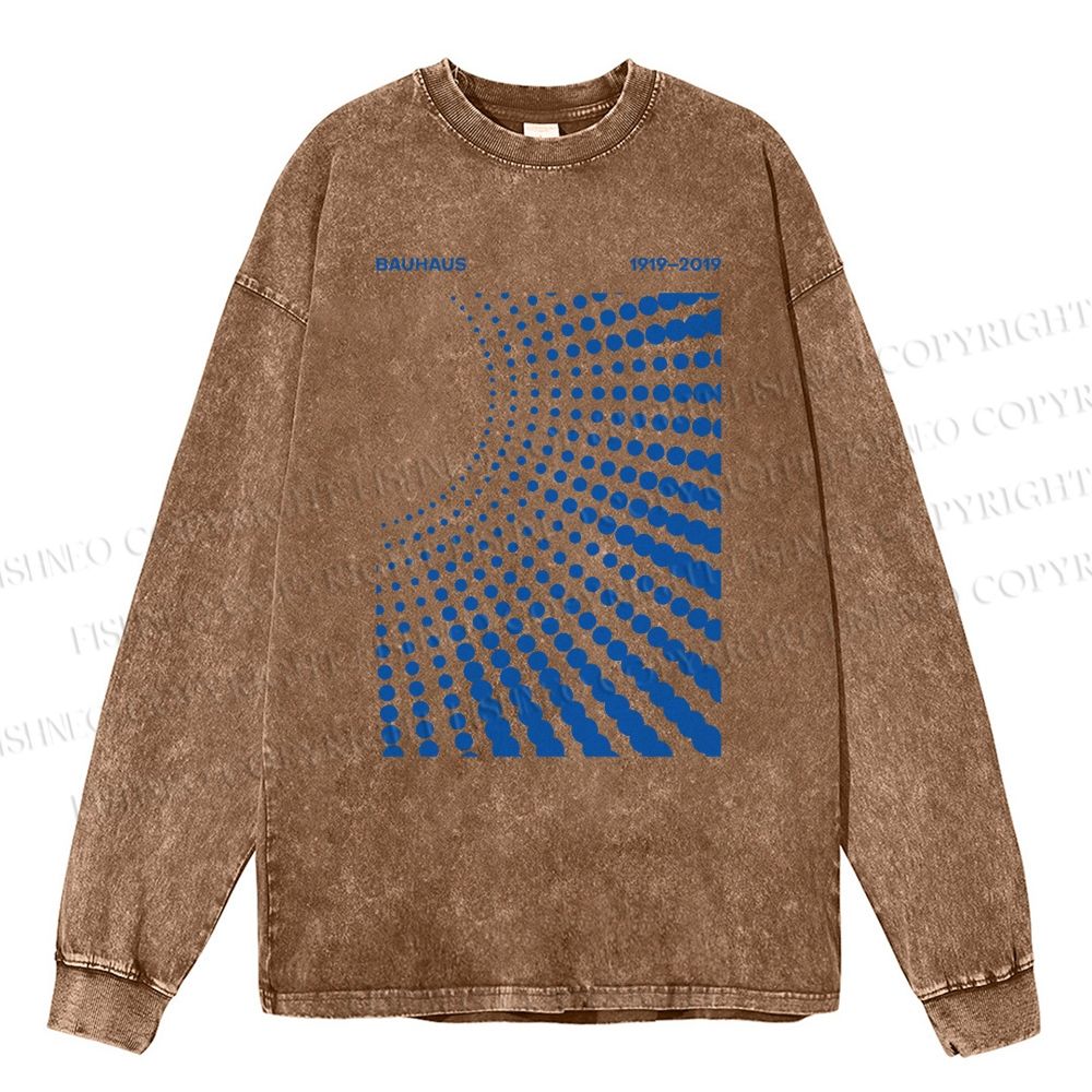 Unisex Casual Washed Bauhaus Design Printed Long Sleeve T-shirt