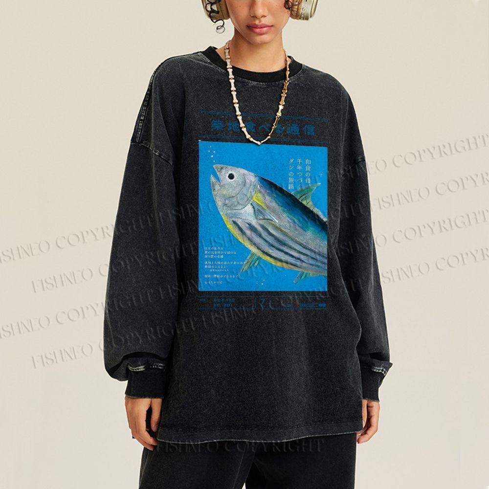 Unisex Casual Washed Vintage Japanese Fish Poster Printed Long Sleeve T-shirt