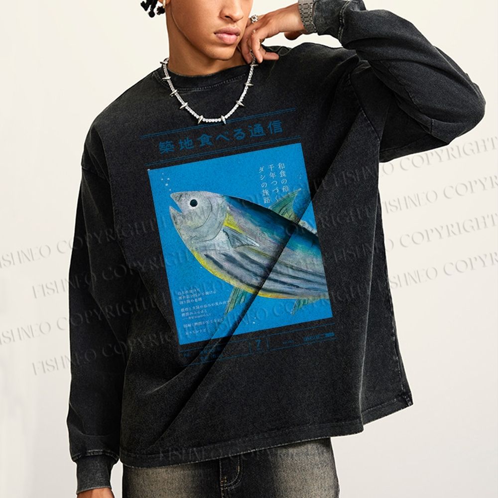 Unisex Casual Washed Vintage Japanese Fish Poster Printed Long Sleeve T-shirt