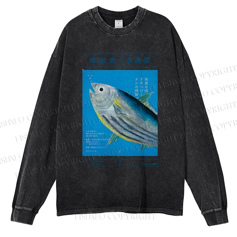 Unisex Casual Washed Vintage Japanese Fish Poster Printed Long Sleeve T-shirt
