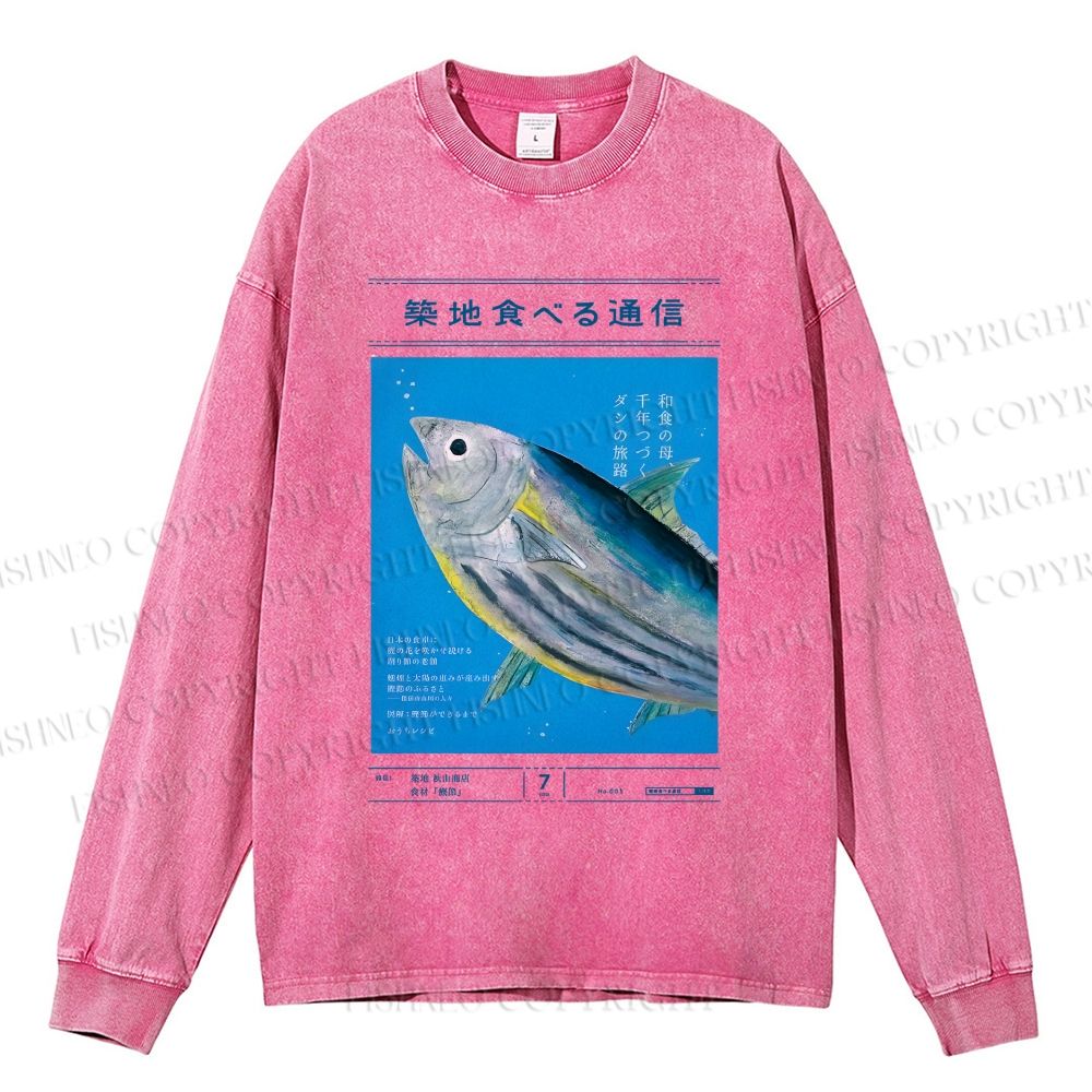 Unisex Casual Washed Vintage Japanese Fish Poster Printed Long Sleeve T-shirt
