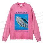 Unisex Casual Washed Vintage Japanese Fish Poster Printed Long Sleeve T-shirt
