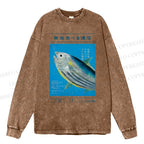 Unisex Casual Washed Vintage Japanese Fish Poster Printed Long Sleeve T-shirt