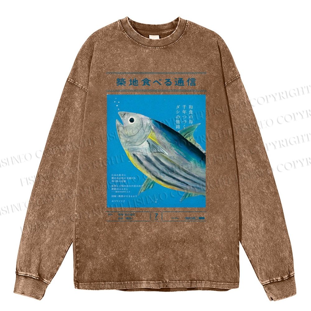 Unisex Casual Washed Vintage Japanese Fish Poster Printed Long Sleeve T-shirt