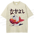 Unisex Cat And Koi Fish Printed Washed Tee