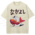 Unisex Cat And Koi Fish Printed Washed Tee