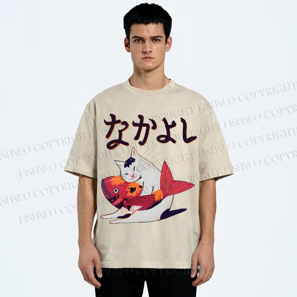 Unisex Cat And Koi Fish Printed Washed Tee