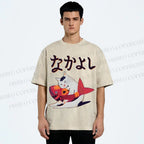 Unisex Cat And Koi Fish Printed Washed Tee