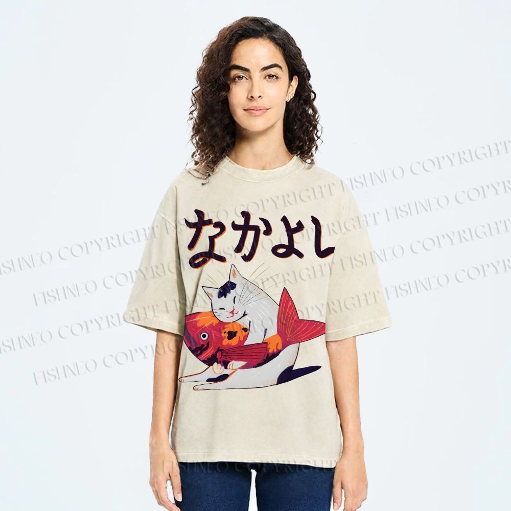 Unisex Cat And Koi Fish Printed Washed Tee