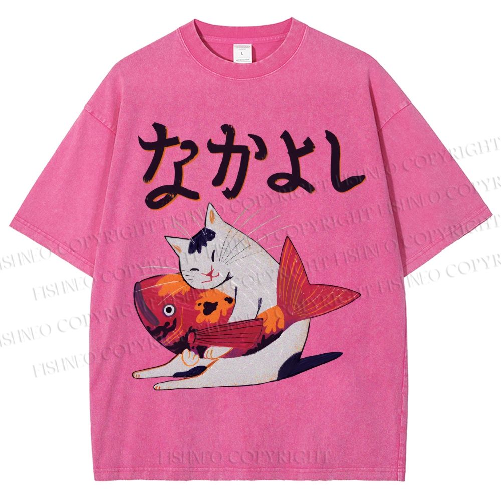 Unisex Cat And Koi Fish Printed Washed Tee