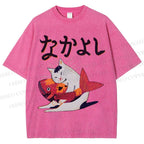Unisex Cat And Koi Fish Printed Washed Tee