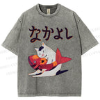 Unisex Cat And Koi Fish Printed Washed Tee