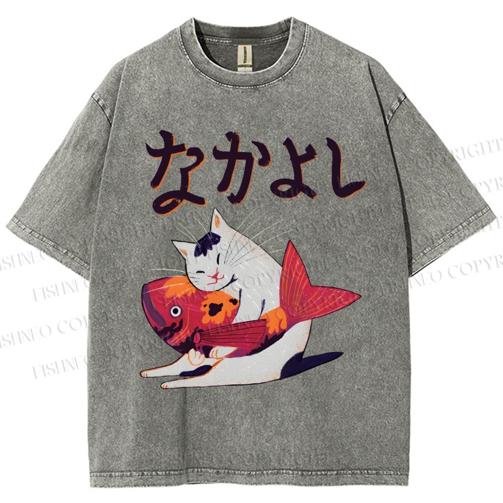 Unisex Cat And Koi Fish Printed Washed Tee