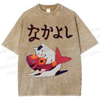 Unisex Cat And Koi Fish Printed Washed Tee