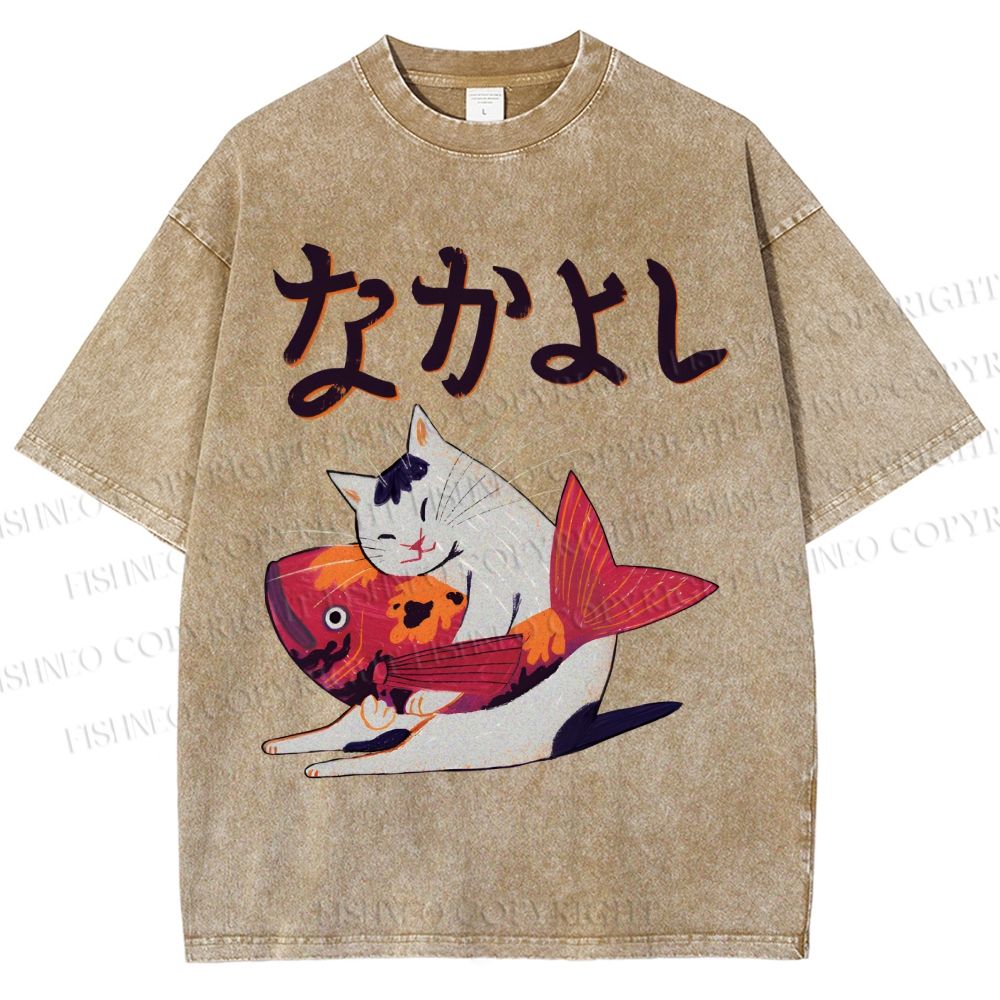 Unisex Cat And Koi Fish Printed Washed Tee