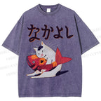 Unisex Cat And Koi Fish Printed Washed Tee