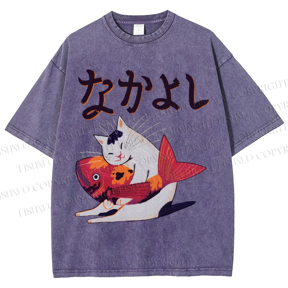 Unisex Cat And Koi Fish Printed Washed Tee