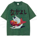 Unisex Cat And Koi Fish Printed Washed Tee