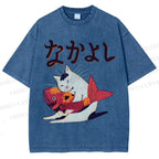 Unisex Cat And Koi Fish Printed Washed Tee