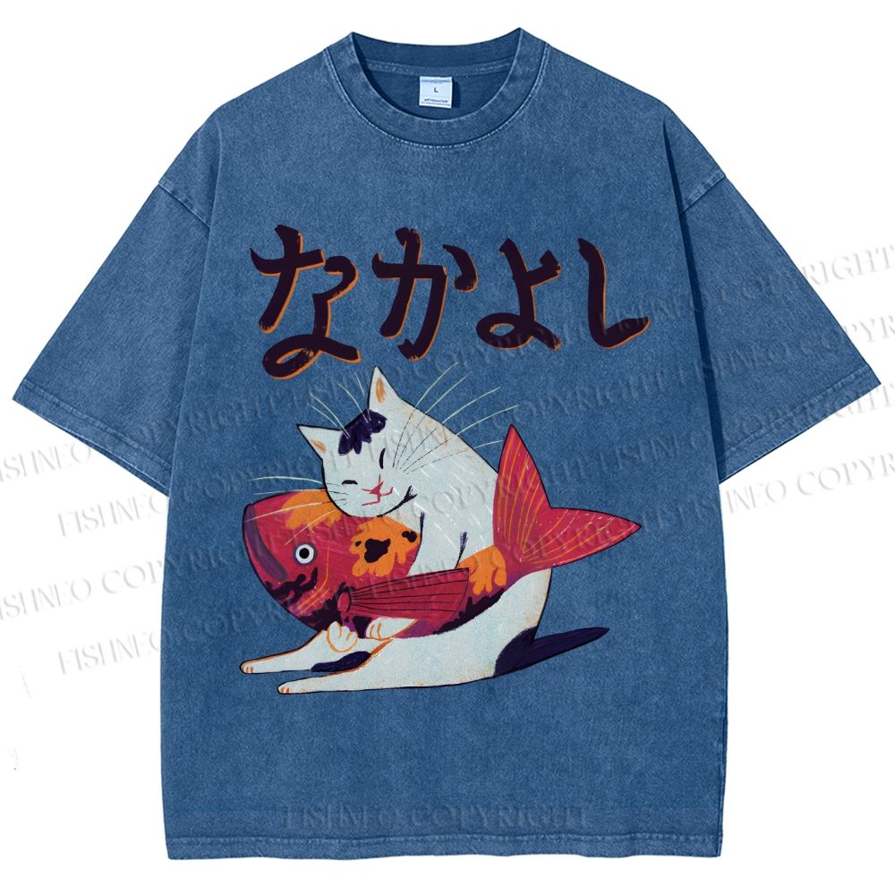 Unisex Cat And Koi Fish Printed Washed Tee