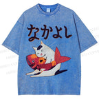 Unisex Cat And Koi Fish Printed Washed Tee