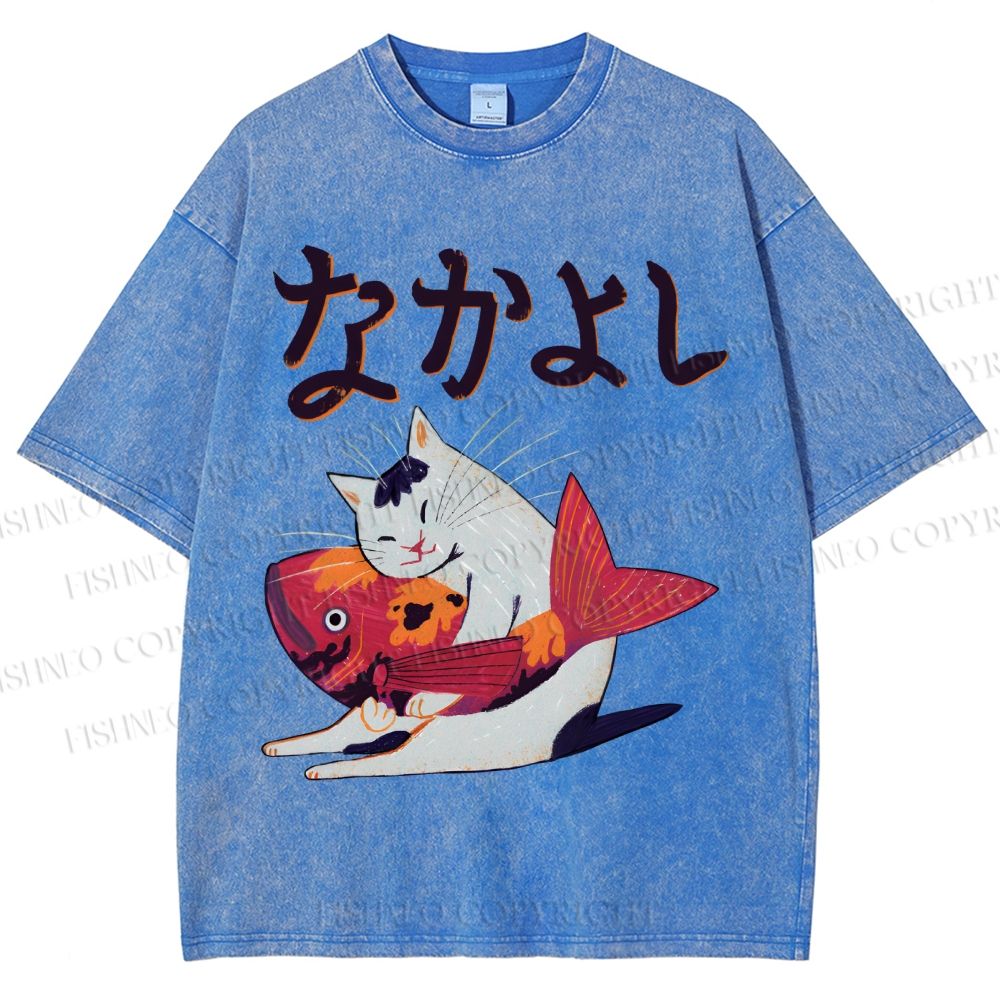 Unisex Cat And Koi Fish Printed Washed Tee