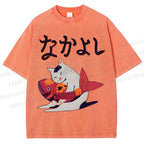 Unisex Cat And Koi Fish Printed Washed Tee