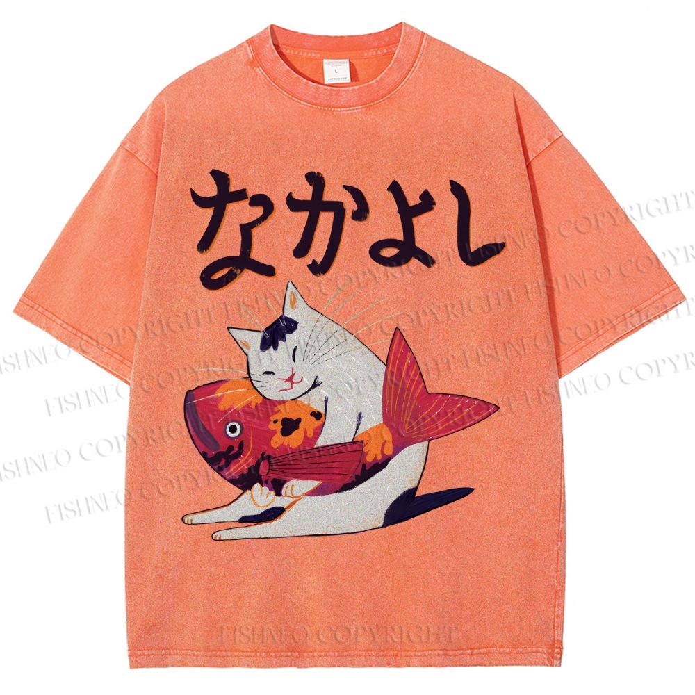 Unisex Cat And Koi Fish Printed Washed Tee