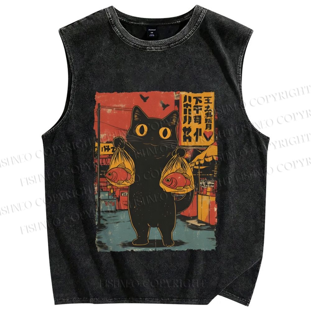 Unisex Cat Printed Washed Tank Top