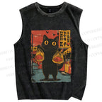 Unisex Cat Printed Washed Tank Top